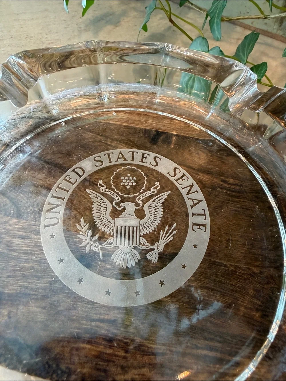 Vintage United States Senate Etched Glass Ashtray – Heavy Clear Crystal Tobaccia